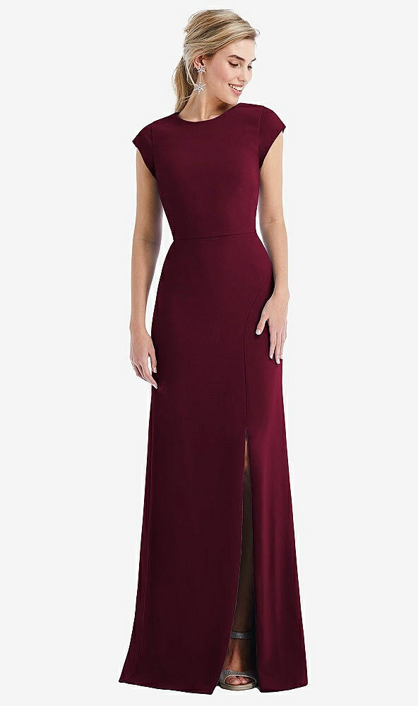 Front View - Cabernet Cap Sleeve Open-Back Trumpet Gown with Front Slit