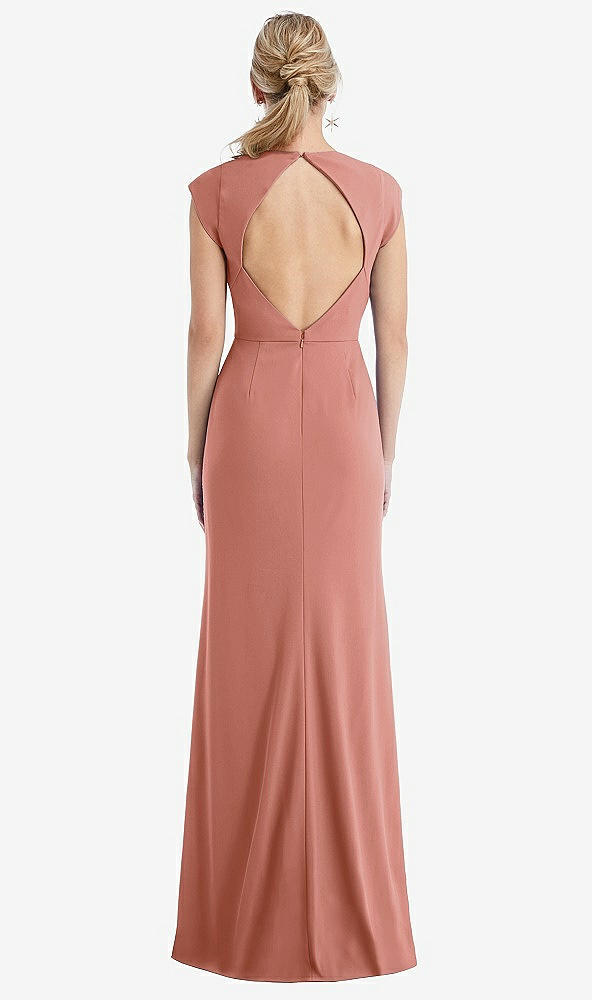 Back View - Desert Rose Cap Sleeve Open-Back Trumpet Gown with Front Slit