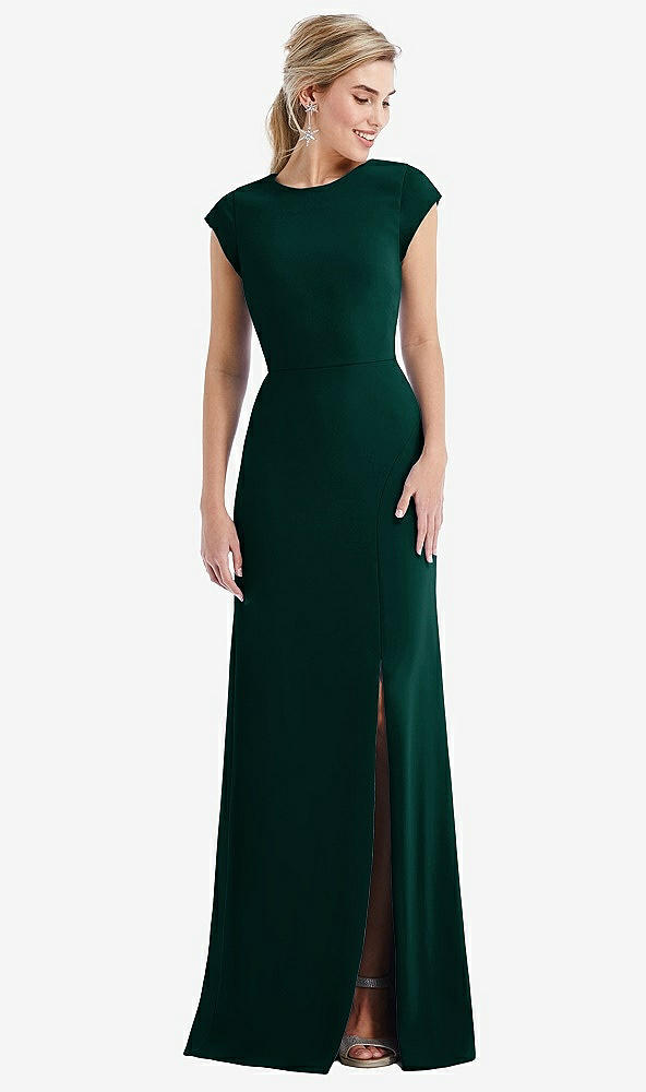 Front View - Evergreen Cap Sleeve Open-Back Trumpet Gown with Front Slit