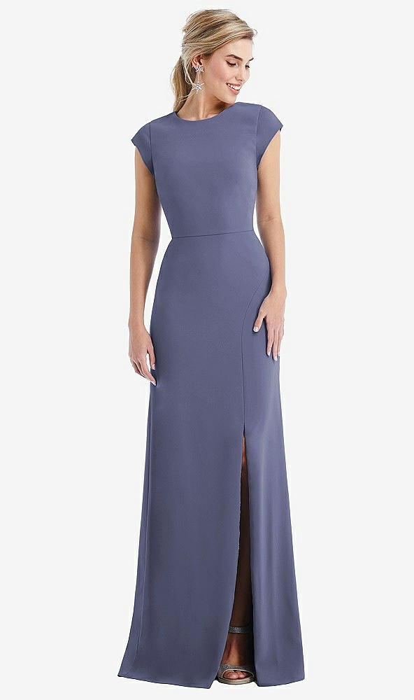 Front View - French Blue Cap Sleeve Open-Back Trumpet Gown with Front Slit