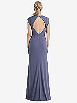 Rear View Thumbnail - French Blue Cap Sleeve Open-Back Trumpet Gown with Front Slit