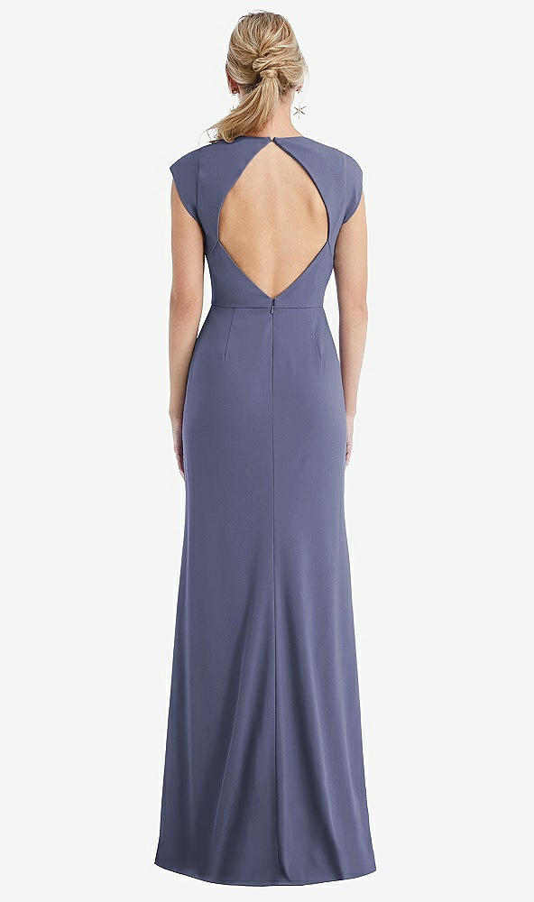 Back View - French Blue Cap Sleeve Open-Back Trumpet Gown with Front Slit