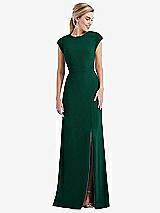 Front View Thumbnail - Hunter Green Cap Sleeve Open-Back Trumpet Gown with Front Slit
