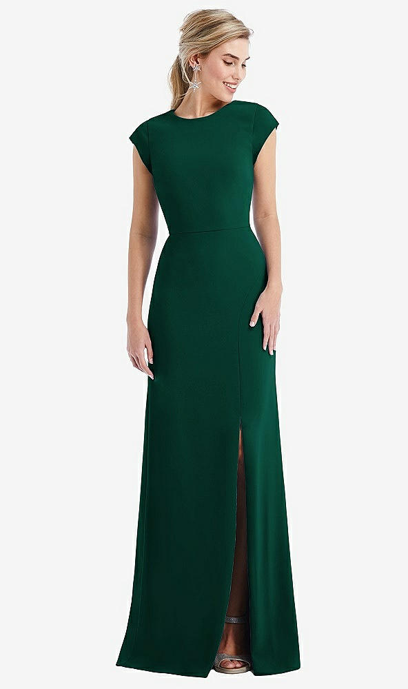 Front View - Hunter Green Cap Sleeve Open-Back Trumpet Gown with Front Slit