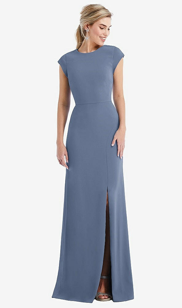 Front View - Larkspur Blue Cap Sleeve Open-Back Trumpet Gown with Front Slit