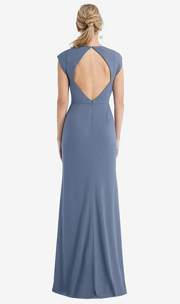 Back View - Larkspur Blue Cap Sleeve Open-Back Trumpet Gown with Front Slit