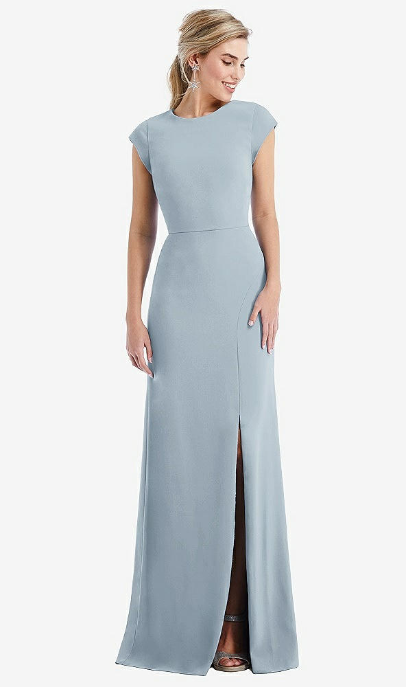 Front View - Mist Cap Sleeve Open-Back Trumpet Gown with Front Slit