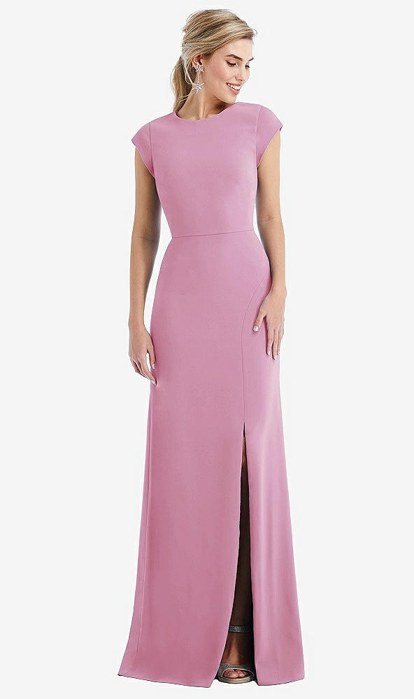 Front View - Powder Pink Cap Sleeve Open-Back Trumpet Gown with Front Slit