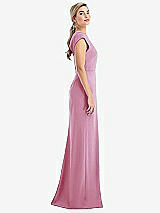 Side View Thumbnail - Powder Pink Cap Sleeve Open-Back Trumpet Gown with Front Slit