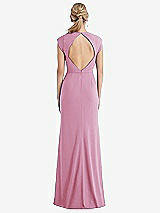 Rear View Thumbnail - Powder Pink Cap Sleeve Open-Back Trumpet Gown with Front Slit