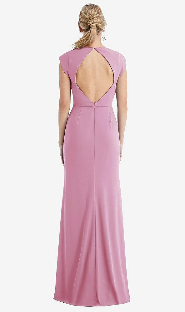Back View - Powder Pink Cap Sleeve Open-Back Trumpet Gown with Front Slit