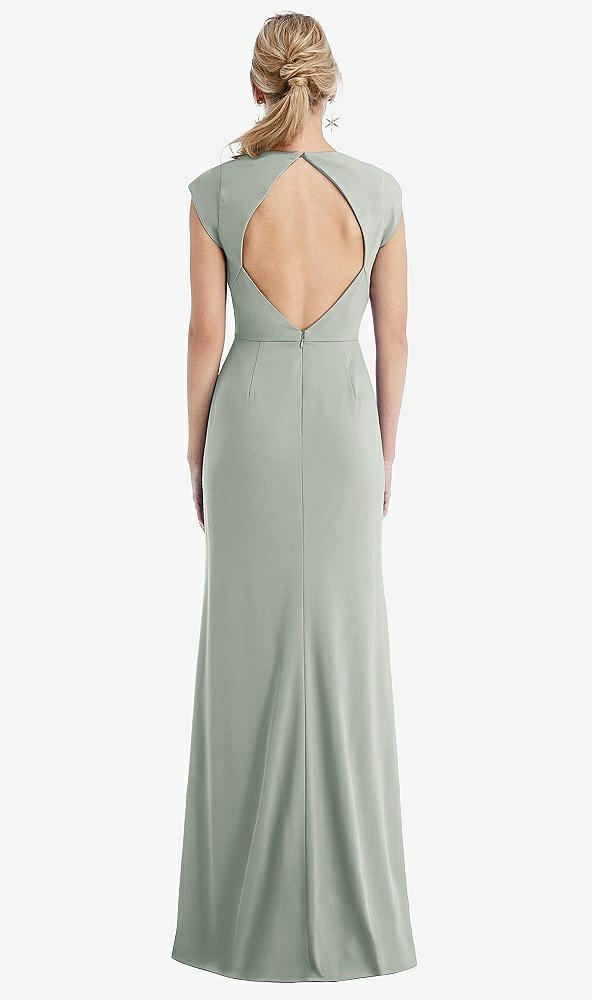 Back View - Willow Green Cap Sleeve Open-Back Trumpet Gown with Front Slit