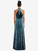 Rear View Thumbnail - Dutch Blue High-Neck Halter Velvet Maxi Dress with Front Slit