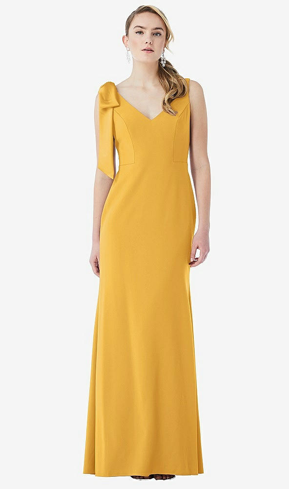 Front View - NYC Yellow Bow-Shoulder V-Back Trumpet Gown