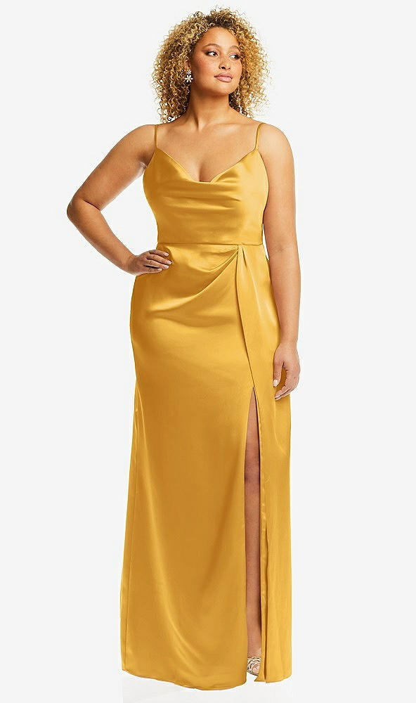 Front View - NYC Yellow Cowl-Neck Draped Wrap Maxi Dress with Front Slit