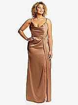 Front View Thumbnail - Toffee Cowl-Neck Draped Wrap Maxi Dress with Front Slit