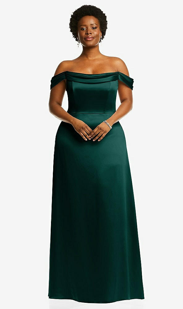 Front View - Evergreen Draped Pleat Off-the-Shoulder Maxi Dress