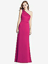 Front View Thumbnail - Think Pink Shirred One-Shoulder Satin Trumpet Dress - Maddie
