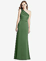 Front View Thumbnail - Vineyard Green Shirred One-Shoulder Satin Trumpet Dress - Maddie