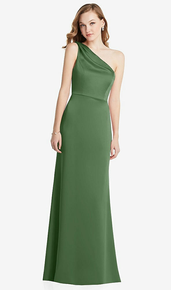 Front View - Vineyard Green Shirred One-Shoulder Satin Trumpet Dress - Maddie