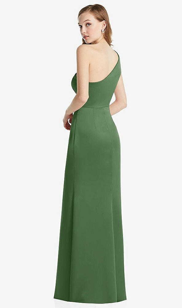 Back View - Vineyard Green Shirred One-Shoulder Satin Trumpet Dress - Maddie