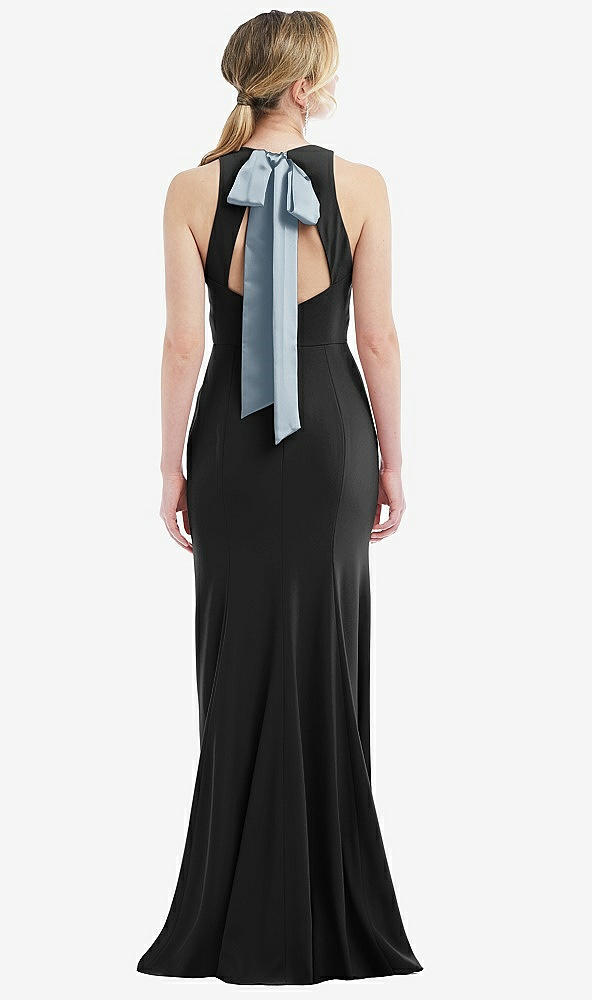 Front View - Black & Mist Cutout Open-Back Halter Maxi Dress with Scarf Tie