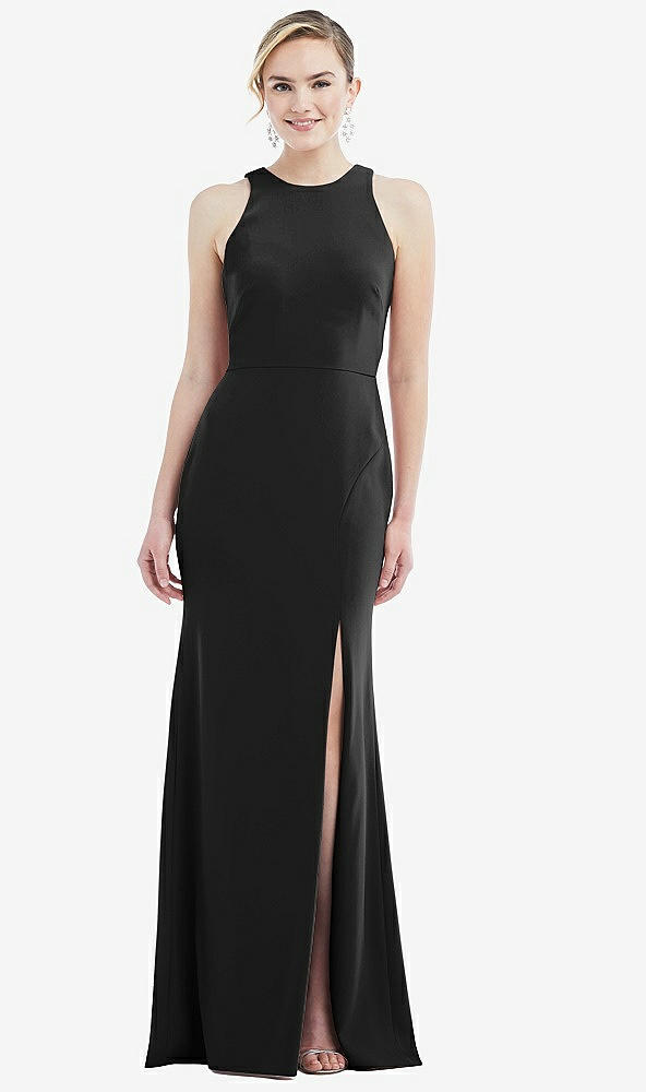 Back View - Black & Mist Cutout Open-Back Halter Maxi Dress with Scarf Tie