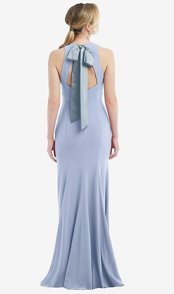 Front View - Sky Blue & Mist Cutout Open-Back Halter Maxi Dress with Scarf Tie