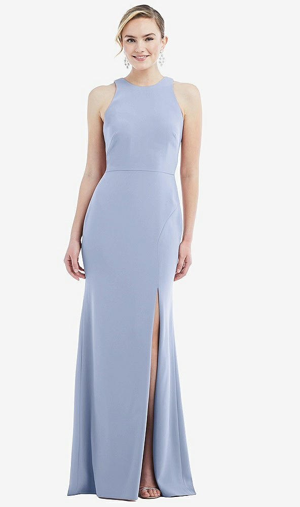 Back View - Sky Blue & Mist Cutout Open-Back Halter Maxi Dress with Scarf Tie
