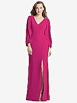 Alt View 1 Thumbnail - Think Pink Long Puff Sleeve V-Neck Trumpet Gown