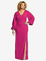 Front View Thumbnail - Think Pink Long Puff Sleeve V-Neck Trumpet Gown
