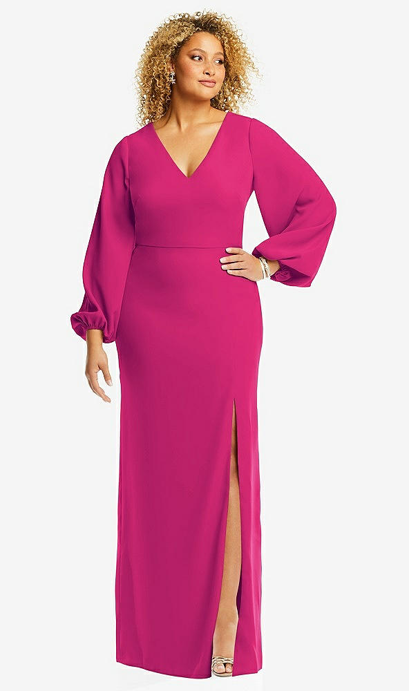 Front View - Think Pink Long Puff Sleeve V-Neck Trumpet Gown