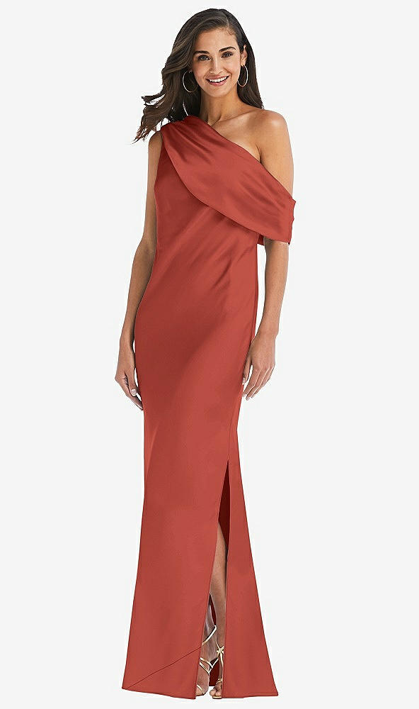 Front View - Amber Sunset Draped One-Shoulder Convertible Maxi Slip Dress