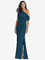 Front View Thumbnail - Atlantic Blue Draped One-Shoulder Convertible Maxi Slip Dress