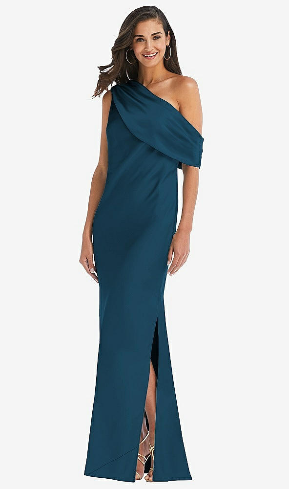 Front View - Atlantic Blue Draped One-Shoulder Convertible Maxi Slip Dress