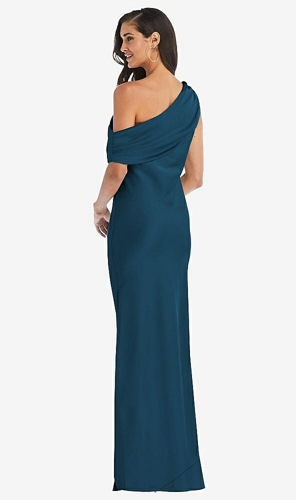 Back View - Atlantic Blue Draped One-Shoulder Convertible Maxi Slip Dress