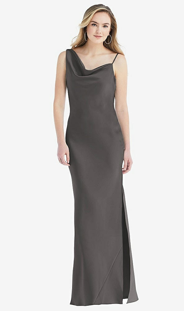 Front View - Caviar Gray Asymmetrical One-Shoulder Cowl Maxi Slip Dress