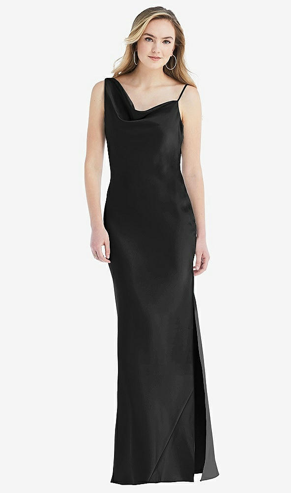 Front View - Black Asymmetrical One-Shoulder Cowl Maxi Slip Dress