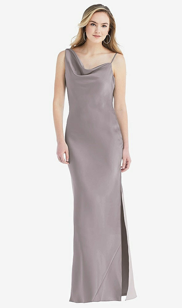 Front View - Cashmere Gray Asymmetrical One-Shoulder Cowl Maxi Slip Dress