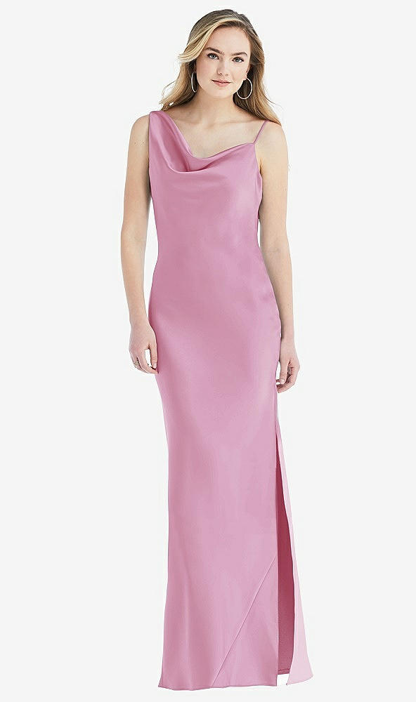 Front View - Powder Pink Asymmetrical One-Shoulder Cowl Maxi Slip Dress