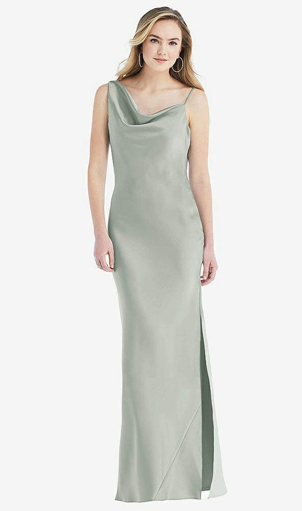 Front View - Willow Green Asymmetrical One-Shoulder Cowl Maxi Slip Dress
