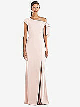 Front View Thumbnail - Blush Off-the-Shoulder Tie Detail Trumpet Gown with Front Slit