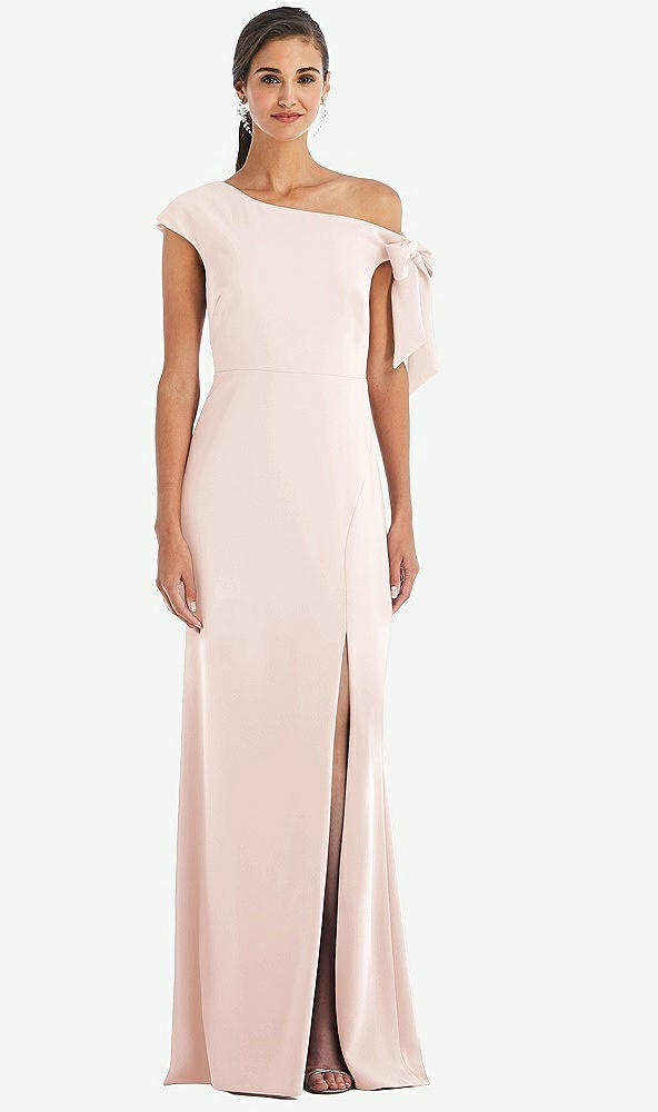 Front View - Blush Off-the-Shoulder Tie Detail Trumpet Gown with Front Slit