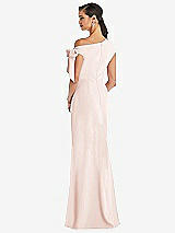 Rear View Thumbnail - Blush Off-the-Shoulder Tie Detail Trumpet Gown with Front Slit