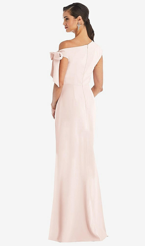 Back View - Blush Off-the-Shoulder Tie Detail Trumpet Gown with Front Slit