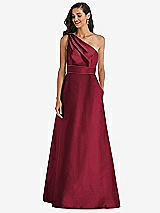 Alt View 1 Thumbnail - Burgundy & Burgundy Draped One-Shoulder Satin Maxi Dress with Pockets