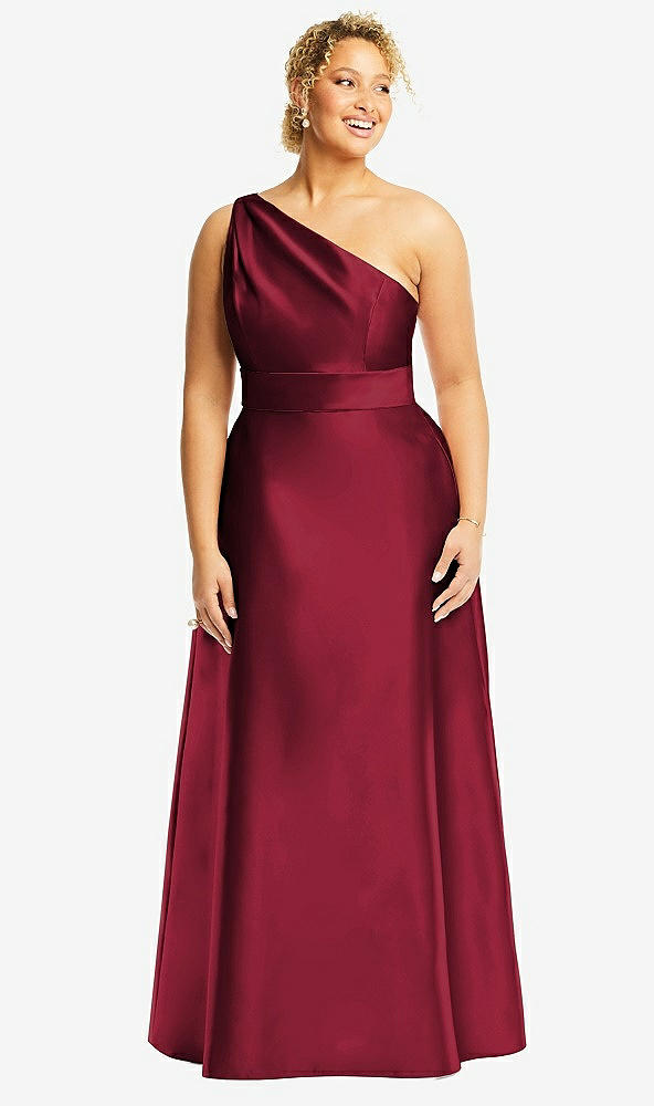 Front View - Burgundy & Burgundy Draped One-Shoulder Satin Maxi Dress with Pockets