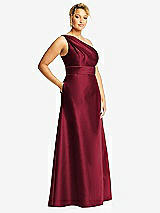 Side View Thumbnail - Burgundy & Burgundy Draped One-Shoulder Satin Maxi Dress with Pockets