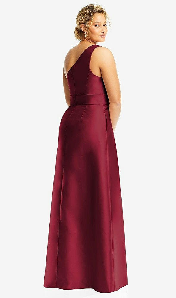 Back View - Burgundy & Burgundy Draped One-Shoulder Satin Maxi Dress with Pockets