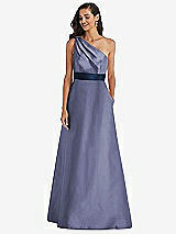 Alt View 1 Thumbnail - French Blue & Midnight Navy Draped One-Shoulder Satin Maxi Dress with Pockets